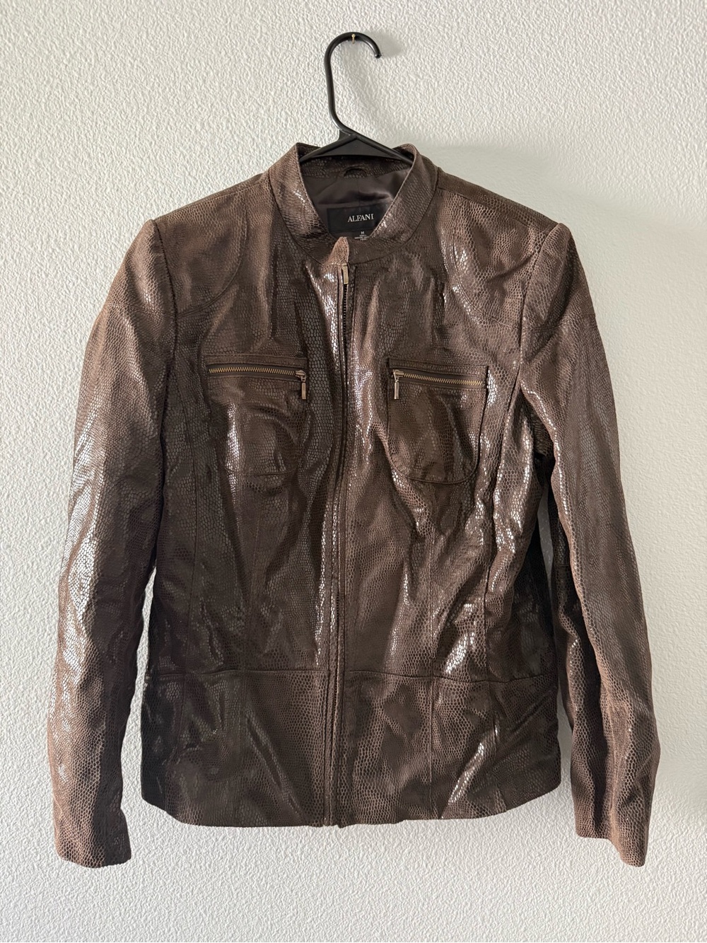 Alfani Genuine Leather Snakeskin Embossed Moto Jacket Brown